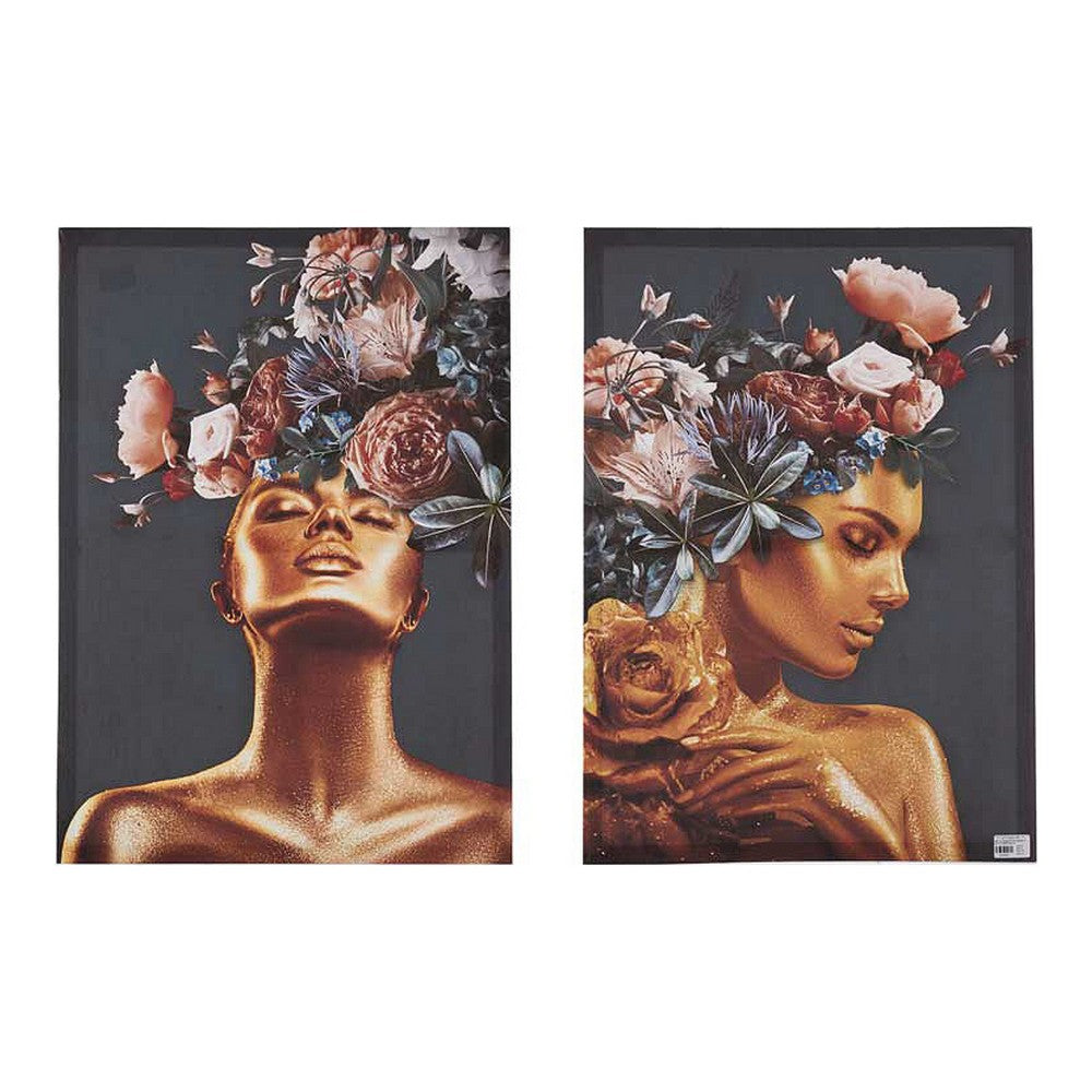 Cadre Femme Fleurs (2 pcs) (50 x 1,5 x 70 cm)